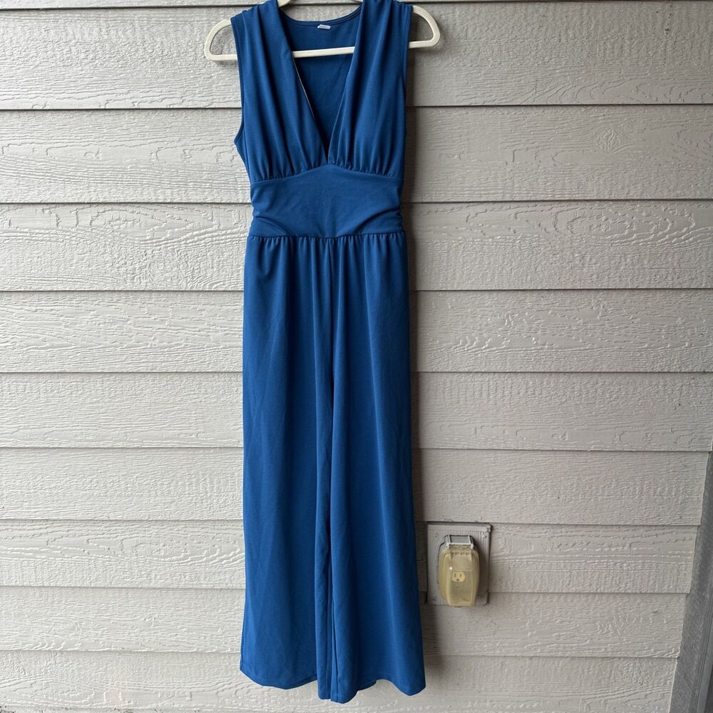 Halara Women's Med V-Neck Sleeveless Ruched Blue Pocket Jumpsuit Easy Peezy